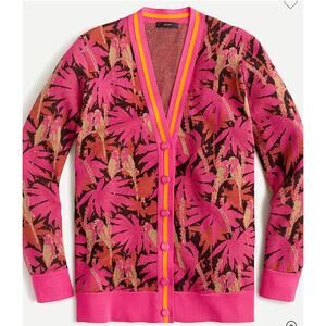 EUC J.Crew Boyfriend Cardigan Sweater Pink Orange Palm Print Sz Small